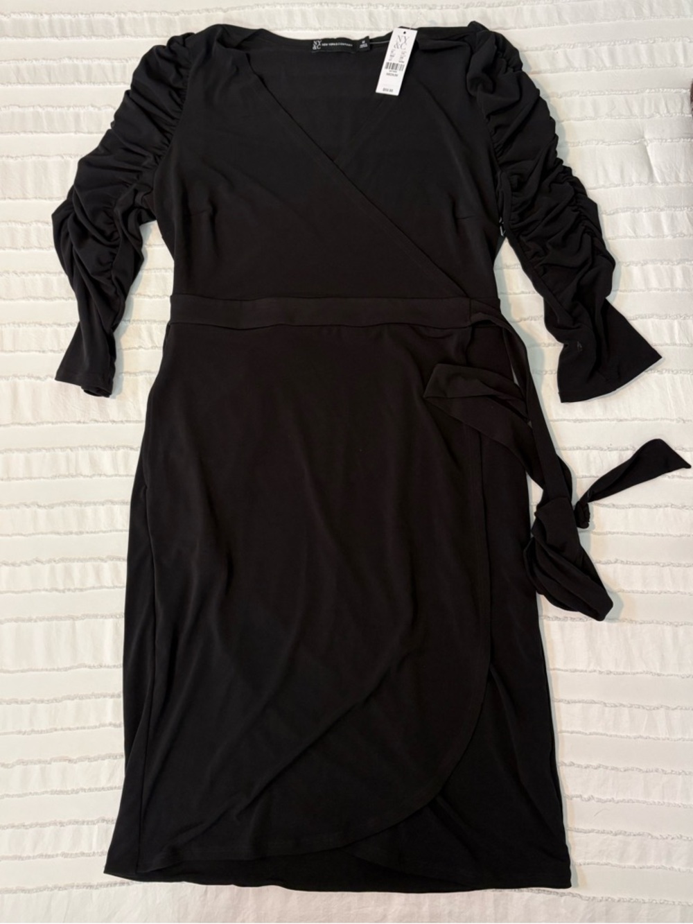 New York & Company Black Ruched-Sleeve Wrap Midi Dress
